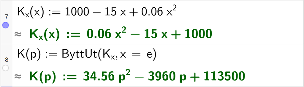Skjermutklipp av CAS-utregning med GeoGebra. På linje 7 er kostnadsfunksjonen K x av x kolon er lik 1000 minus 15 x pluss 0,06 x i andre skrevet inn. På linje 8 er det skrevet K av p kolon er lik ByttUt parentes K x komma, x er lik e parentes slutt. Svaret med tilnærming er K av p kolon er lik 34,56 p i andre minus 3960 p pluss 113500.
