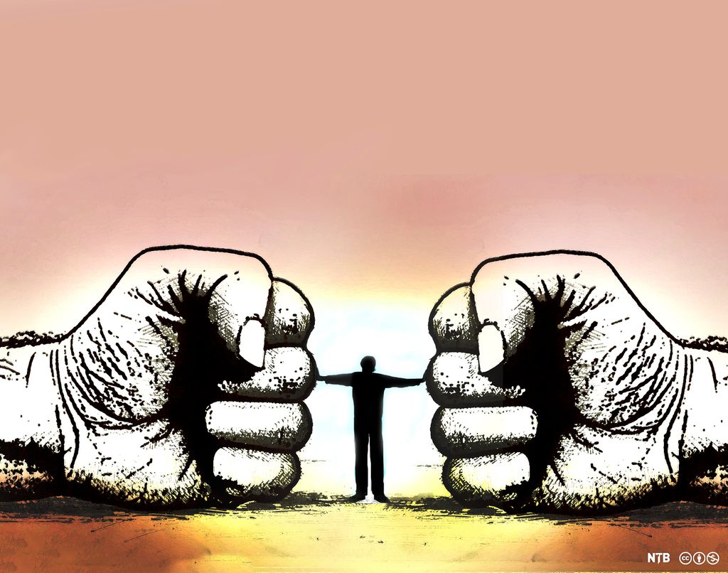 A person stand between two clenched fists, holding them apart. Thee is a golden glow around the man. Illustration.
