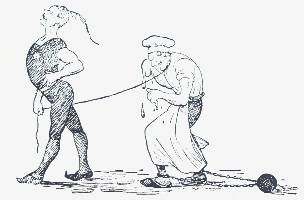 Tegning av en sortkledd mann med langt hår som leder en baker ved å holde i et bånd som bakeren har rundt halsen. Bakeren har kokkelue, forkle og ei kule som er festet med ei lenke til foten. Han går framoverbøyd og tørker tårene sine. Illustrasjon.