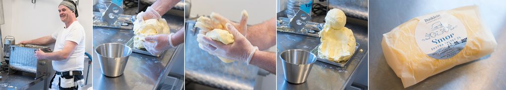 Ei rekke bilder som viser en mann med ei smørkinne, knaing og forming av smør og til slutt ei pakke med smør. Foto.