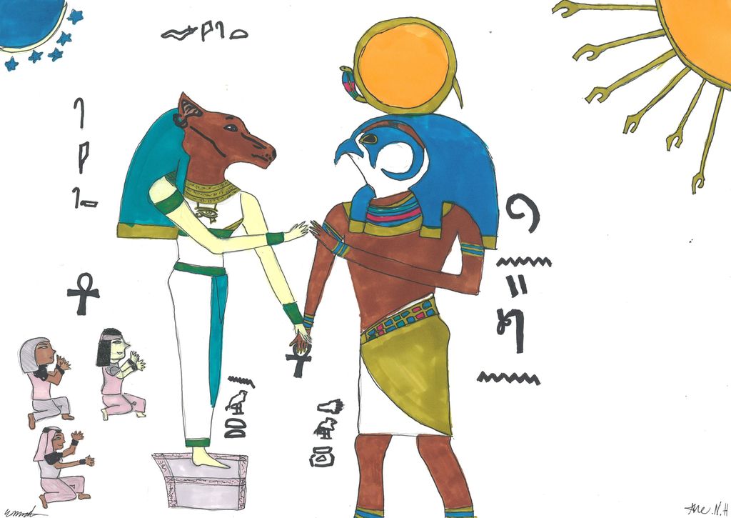 To store menneskefigurer med dyrehoder og egyptiske hieroglyfer. Tre mindre menneskefigurer tilber dem. Illustrasjon.