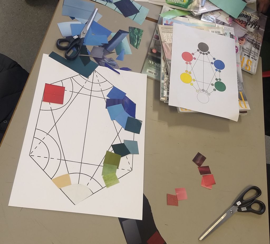 Fargeprøver blir sortert etter hoved- og biegenskaper i en modell. Foto.