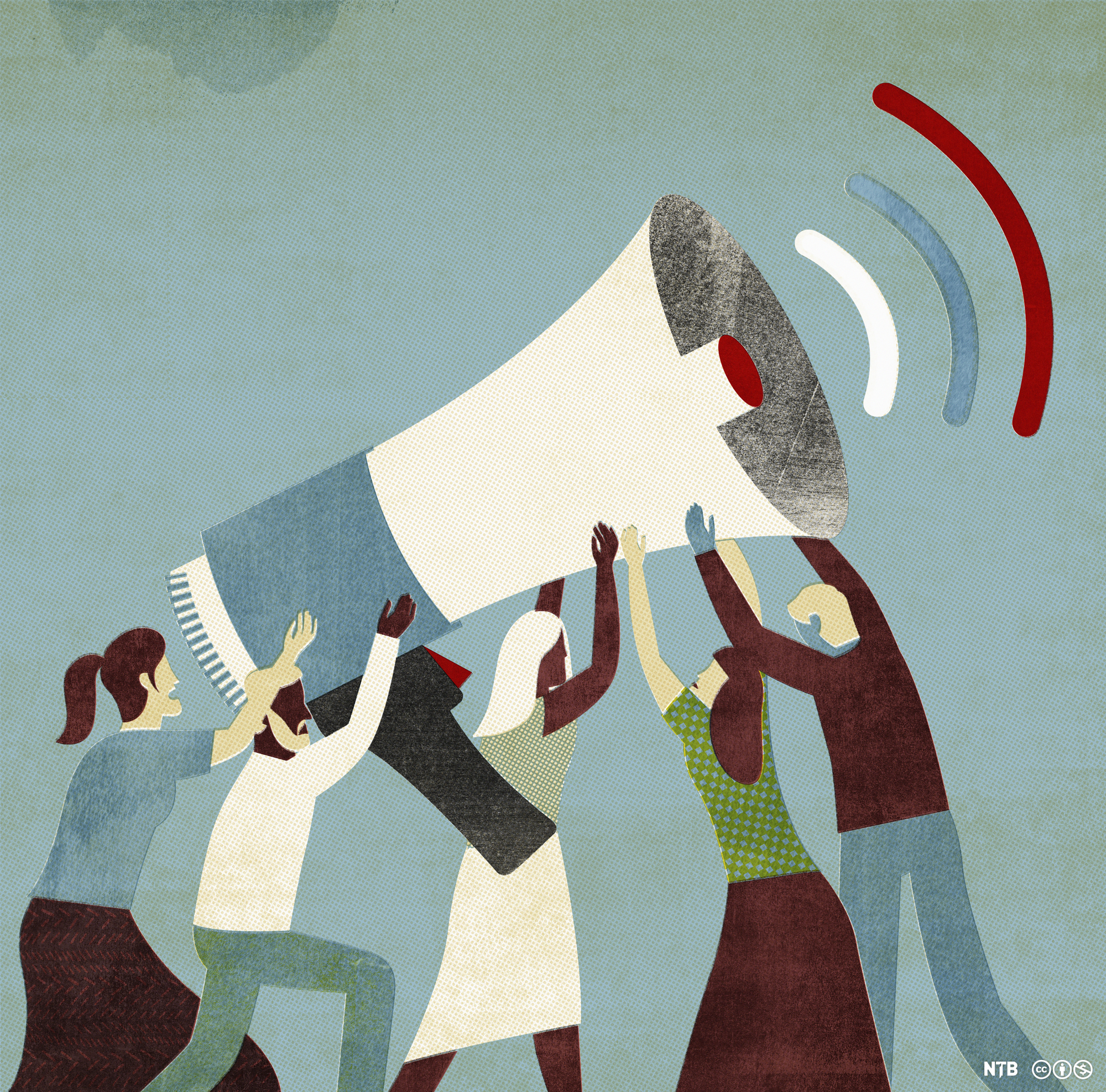 Personar held ein stor megafon. Dei skal reklamere for eit produkt. Illustrasjon.