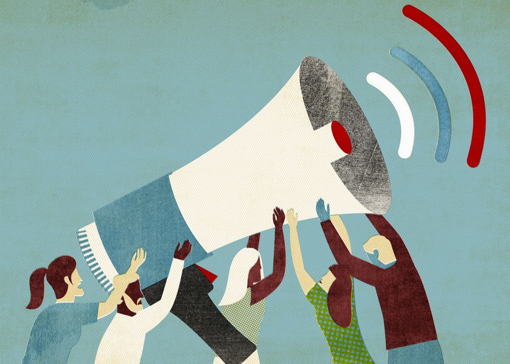 Personar held ein stor megafon. Dei skal reklamere for eit produkt. Illustrasjon.