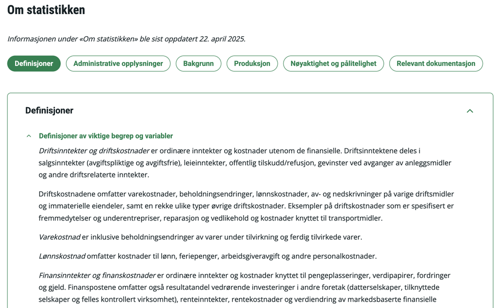 En skjermdump fra ei nettside med overskrift Om statistikken. En undermeny med tittel Definisjoner er uthevet. 