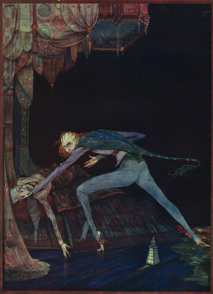 Illustration: A very skinny man with a short, flowing cape is grabbing a reclining man's face with one hand, covering one of his eyes. The skinny man has a demented look on his face. On the floor behind him there is a lamp. 