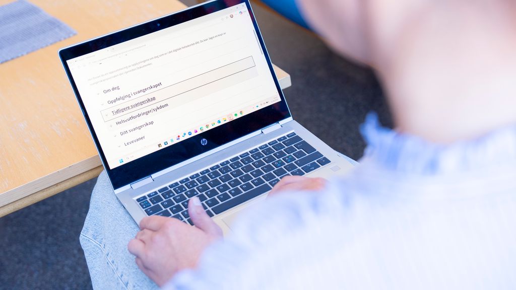 Ein person har ein pc på fanget. Skjermen viser menyval på ei nettside om svangerskap. Foto.