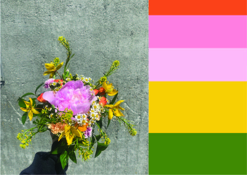 Foto av brudebukett og fargepalett med farger fra blomstene. Illustrasjon.