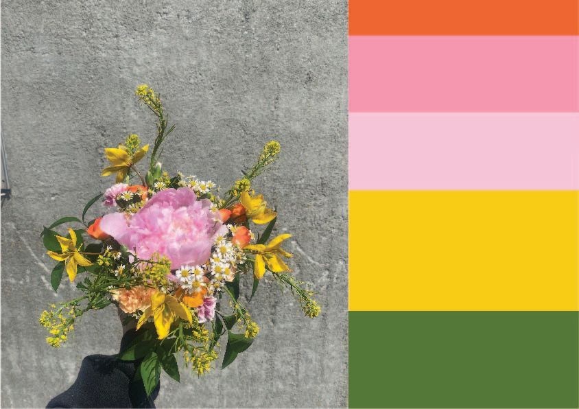 Fotografi av brudebukett og illustrasjon av fargepalett med farger fra blomstene. Montasje.