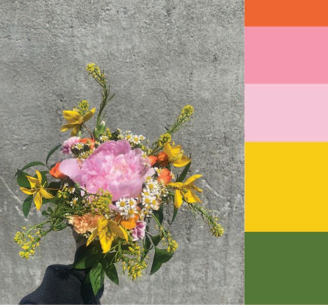 Foto av brudebukett og fargepalett med fargar frå blomane. Illustrasjon.