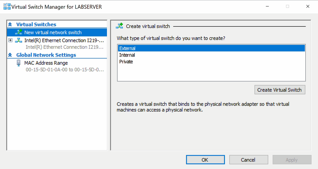 Skjermbilde med to kolonner. På toppen til venstre er det et valg for å opprette en ny virtuell svitsj. Under er det ei liste over eksisterende virtuelle svitsjer. Til høyre vises veilederen for å opprette en virtuell svitsj. Skjermbilde.