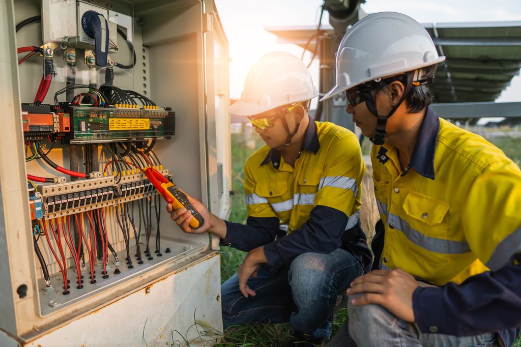 To arbeidere i gule arbeidsklær sitter på huk og bruker klemmemåler inni et skap for å måle strømmen til elektriske ledninger produsert fra solenergi for å bekrefte til normal strøm. Foto.