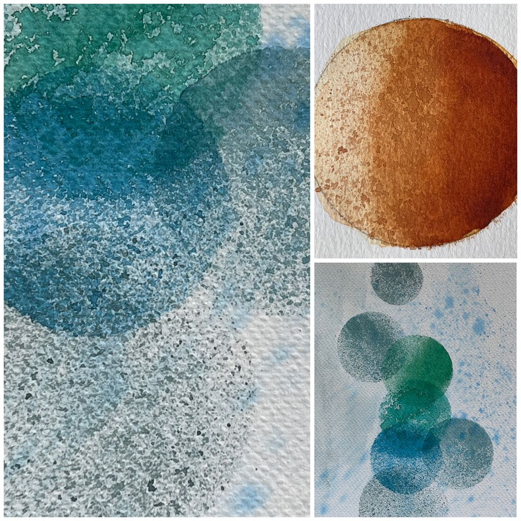 Detaljer fra sirkler malt med akvarell og skvetteteknikk. Foto.