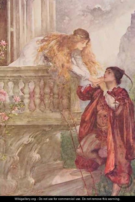 Painting showing the Balcony scene from Romeo and Juliet. Juliet is standing on the balcony, reaching down to Romeo who's standing below the balcony. They look at each other, holding hands. Juliet is dressed in a white dress and has long blond hair. Romeo is dressed in a red cape.  