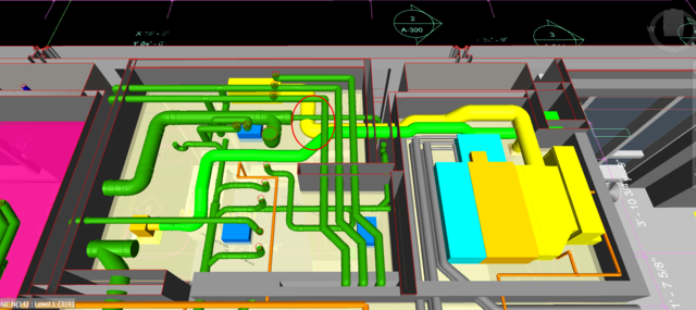 Skjermbilde fra et BIM-program viser en digital 3D-modell hvor en ventilasjonskanal og et avløpsrør kolliderer.