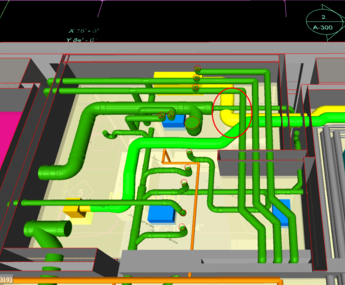 Skjermbilde fra et BIM-program viser en digital 3D-modell hvor en ventilasjonskanal og et avløpsrør kolliderer.