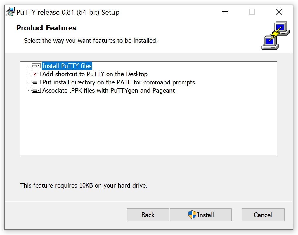 Steg i installasjon som lar brukeren velge hvilke komponenter som skal installeres. Skjermbilde