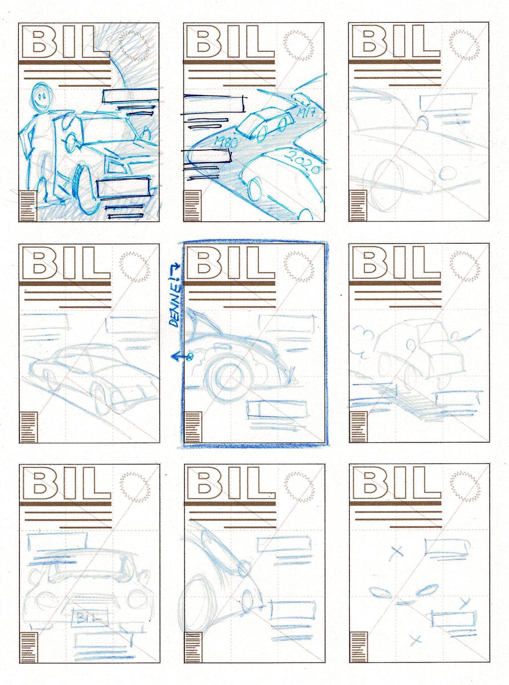 Ni raske skisser av magasinfremside i mal. Illustrasjon.