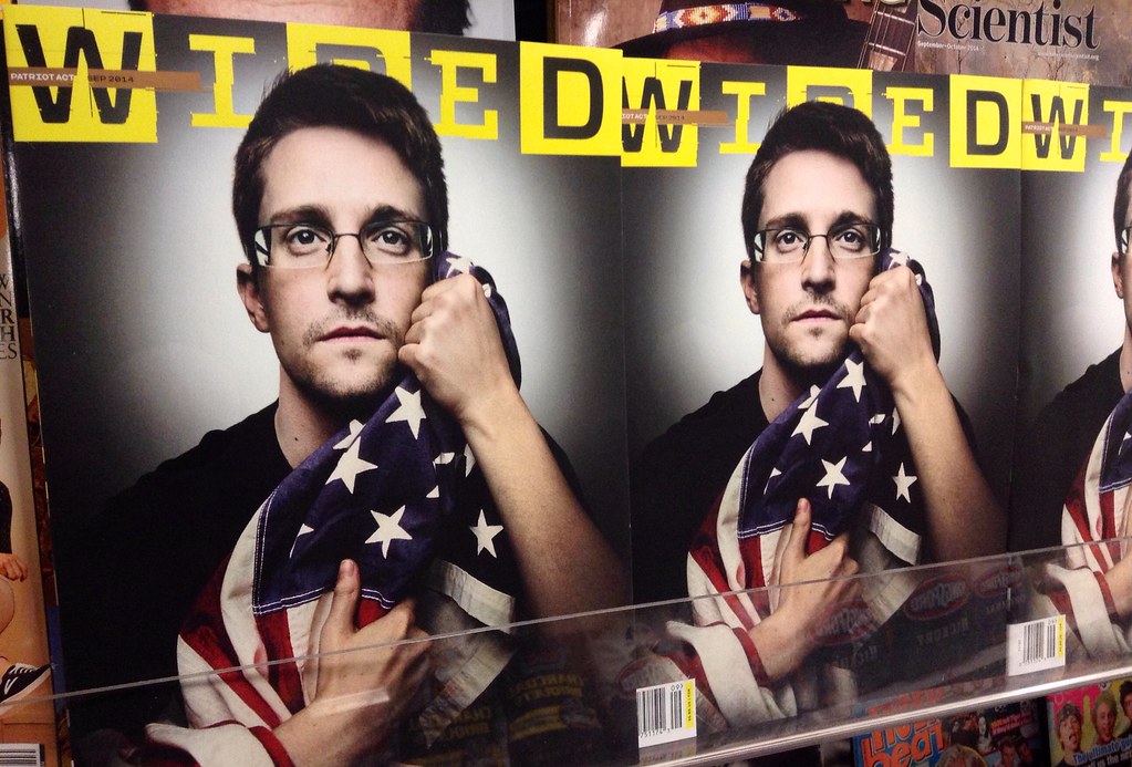 Edward Snowden on a magazine cover. Photo.