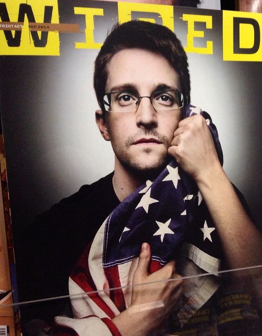 Edward Snowden on a magazine cover. Photo.
