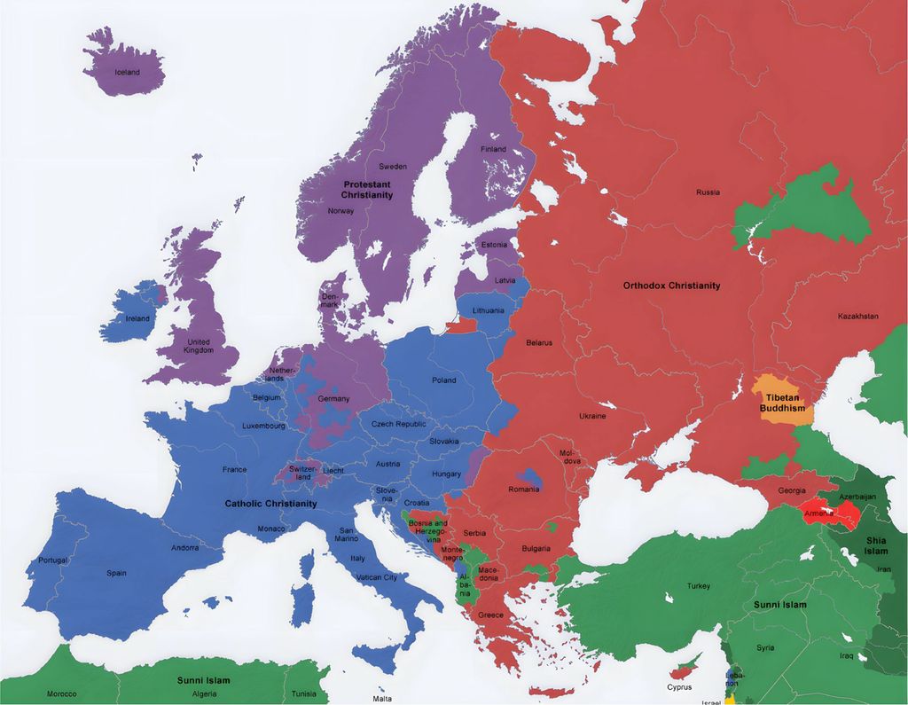 Religioners utbredelse i Europa. Kart.