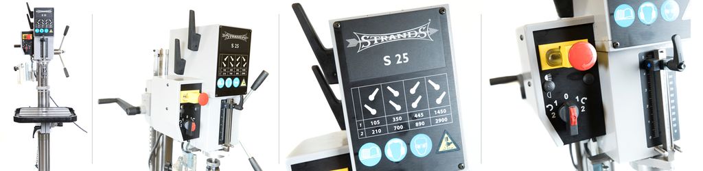 Fire bilete av ei søylebormaskin sett frå ulike vinkar. Foto.