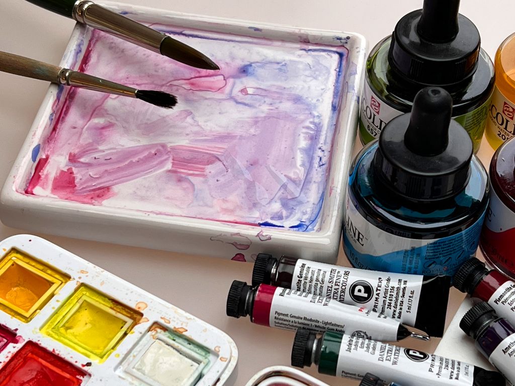 Utstyr til akvarellmaling. Foto.