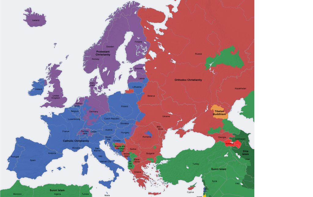 Religioners utbredelse i Europa. Kart.
