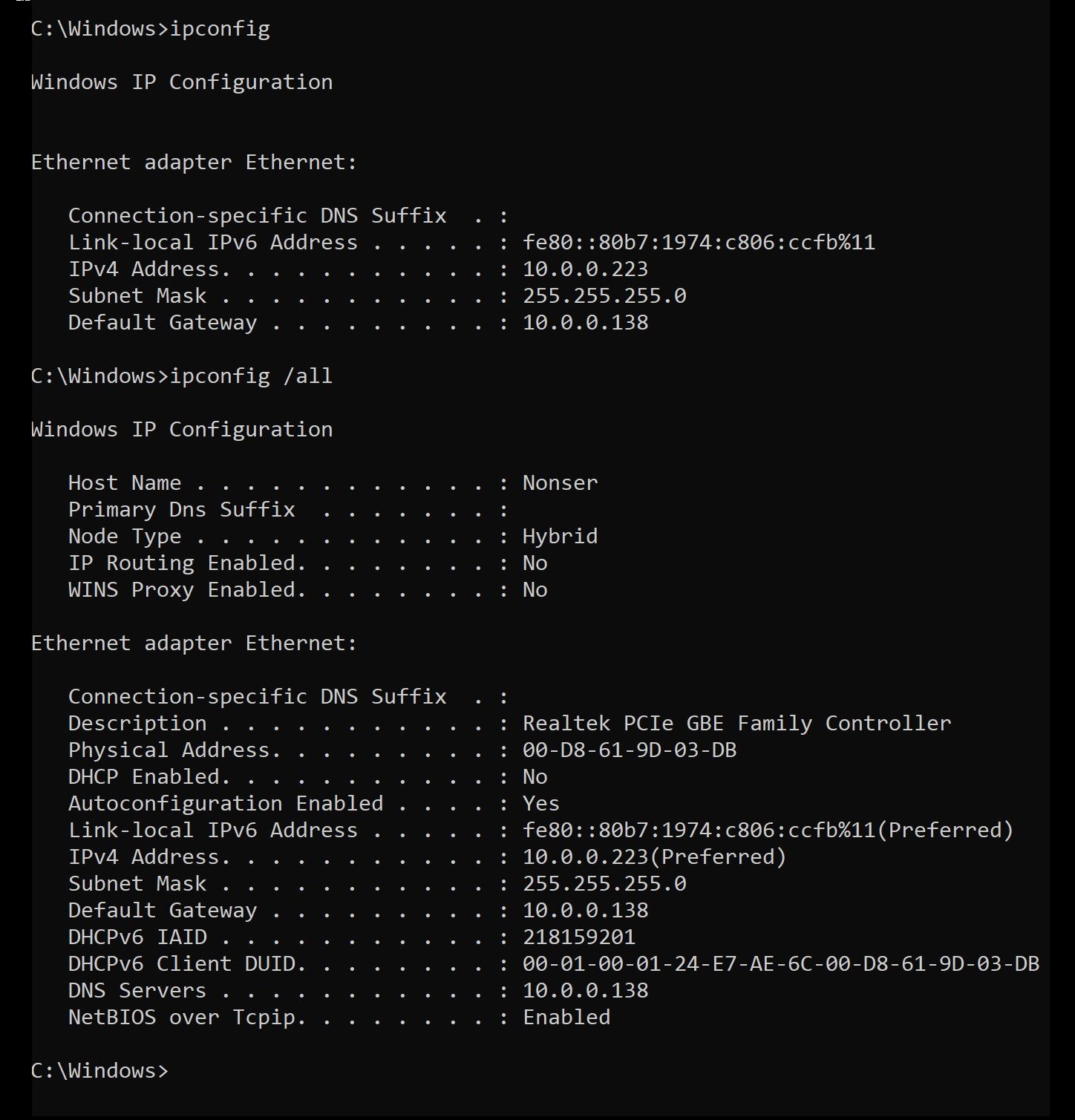 Kommandoen «ipconfig» sendes til maskinen, og et svar bestående av mange linjer kommer tilbake. Foto.