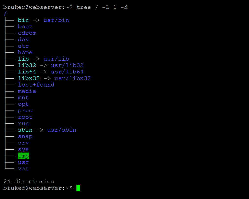 Kommandoen (tree / -L 1 -d) kjøres, og systemet svarer med å liste opp mappene som ligger under rotmappa (/) i operativsystemet Ubuntu. Skjermutklipp.