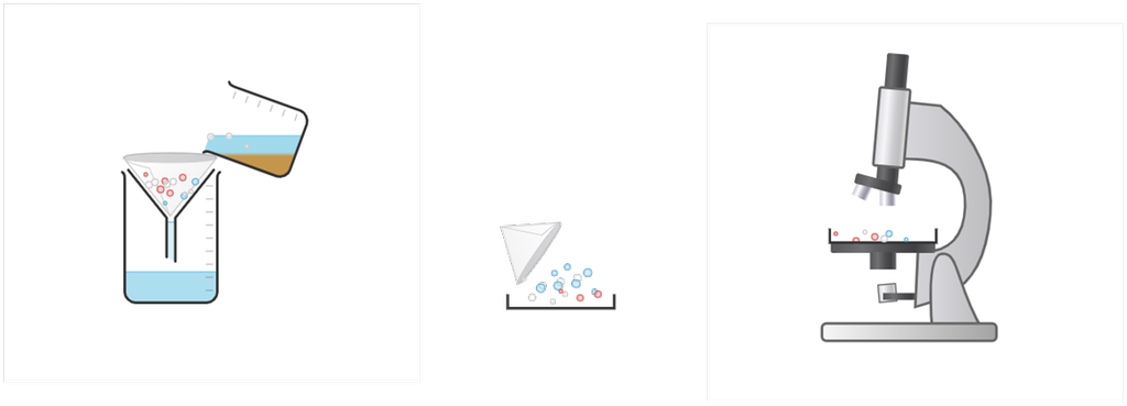Forsøksoppsett med begerglass, filter, trakt, petriskål og mikroskop. Illustrasjon.