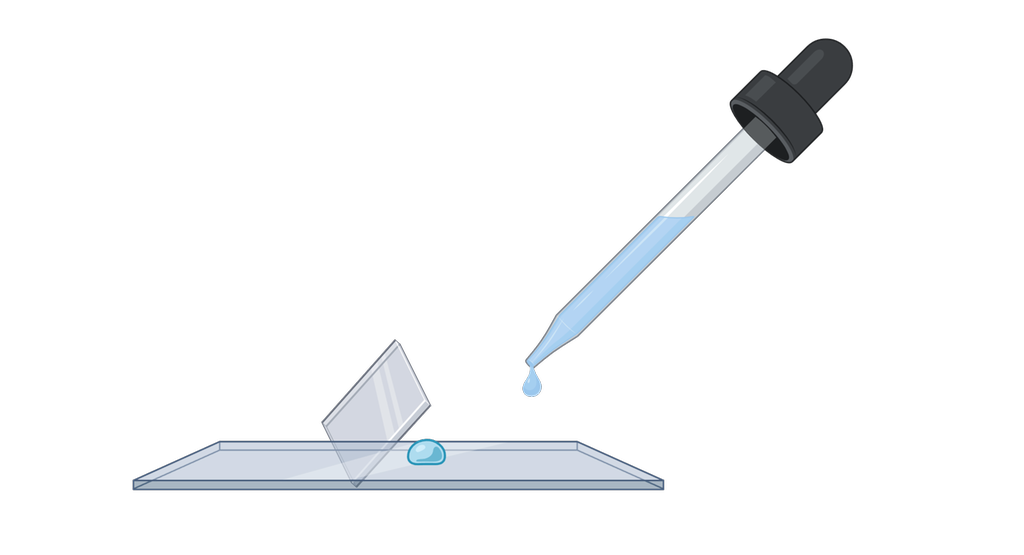 Dråpeteller med vann avsetter en dråpe med vann på en rektangulær glassplate. En kvadratisk glassplate står i vinkel ned på glassplaten, slik at den kan dekke vanndråpen. Illustrasjon.