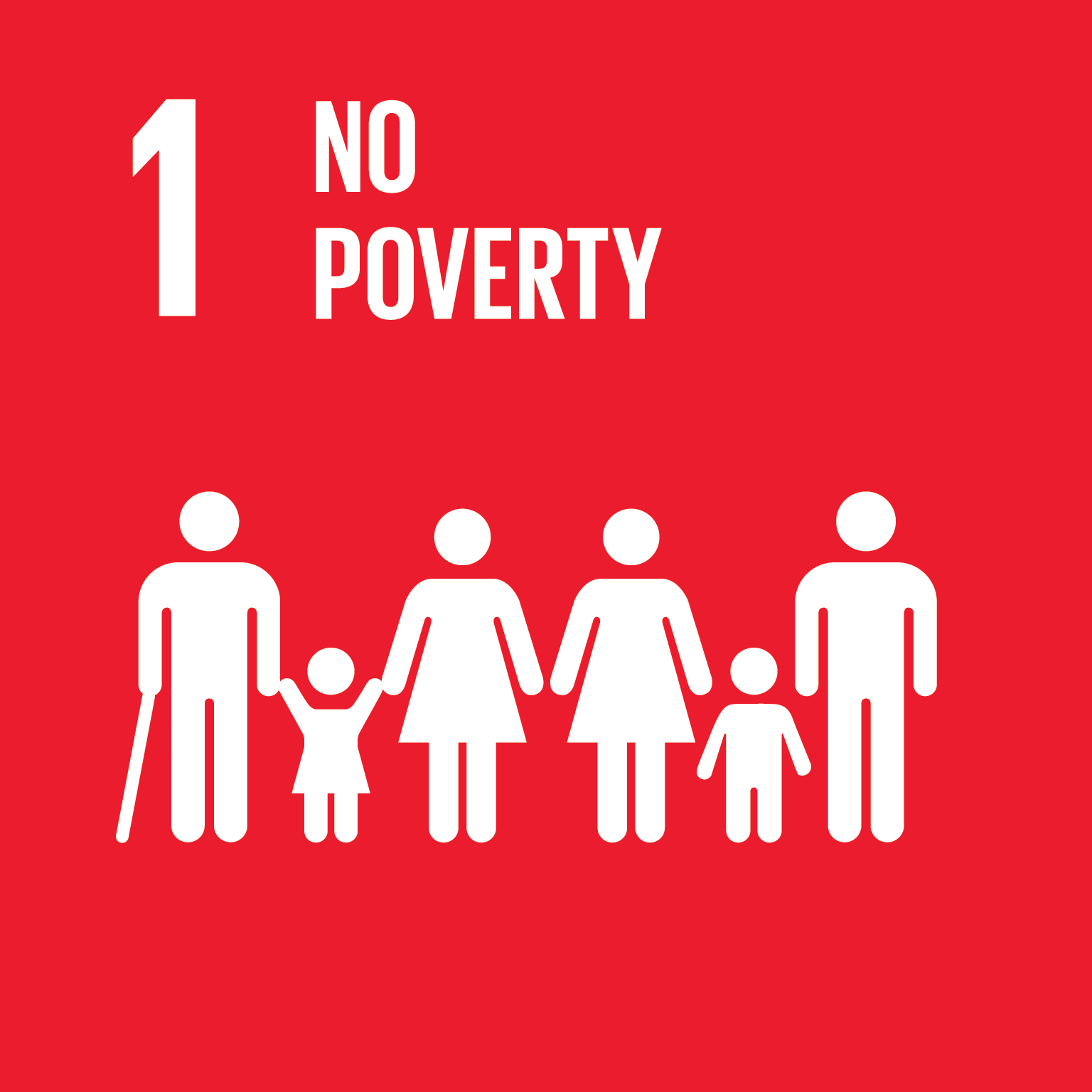 Simplified icons of person with cane, two children, two women and a man. White on a red background. Illustration.  