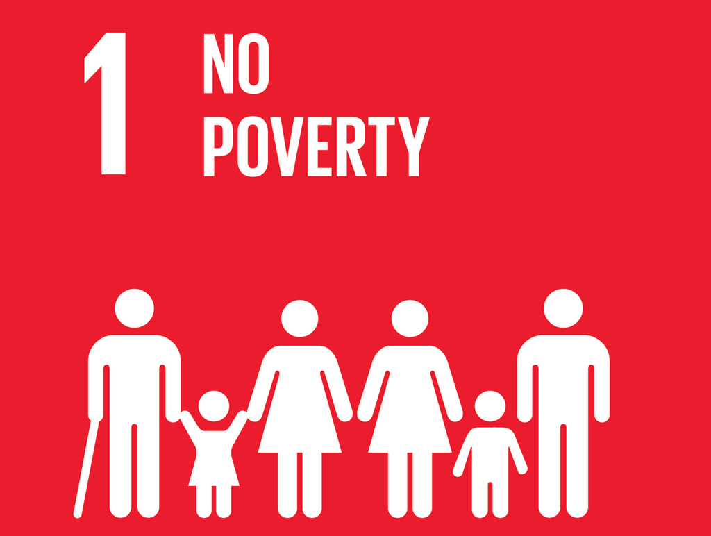 Simplified icons of person with cane, two children, two women and a man. White on a red background. Illustration.