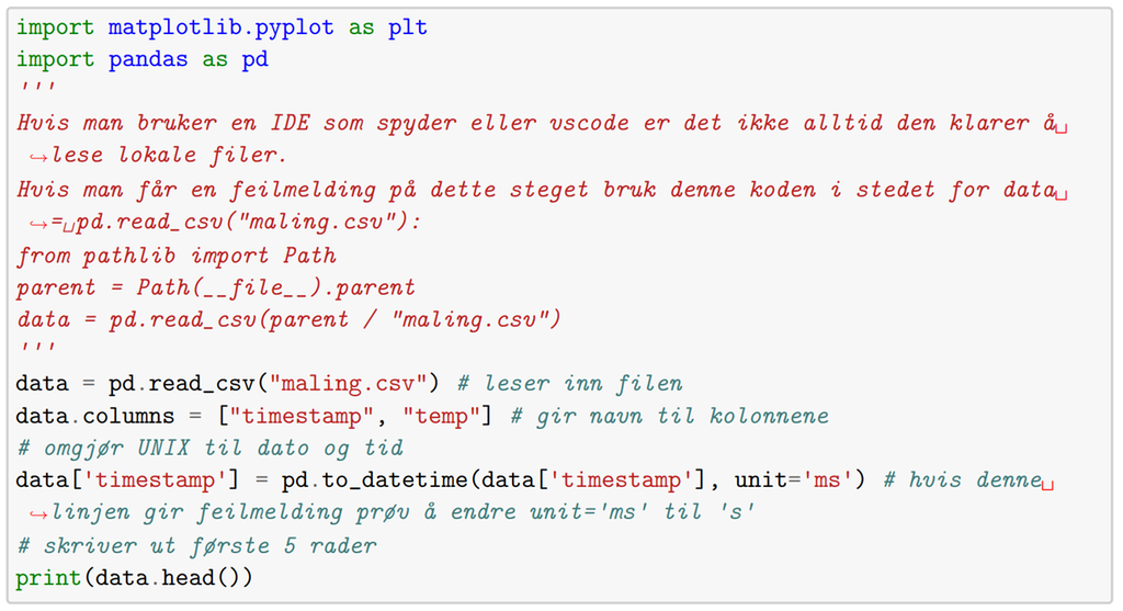 Skjermbilde av programmeringskode for nedlasting av .csv-fil og omgjøring av UNIX-verdiene fra fila til vanlig dato og tid.