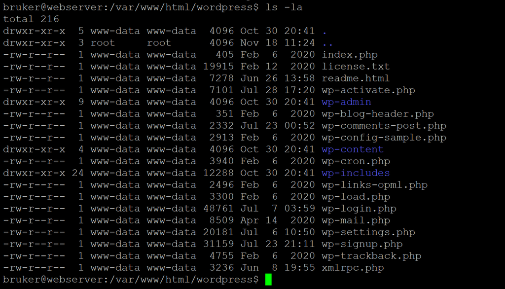 Liste over filer som er i wordpress-mappa. Skjermbilde.