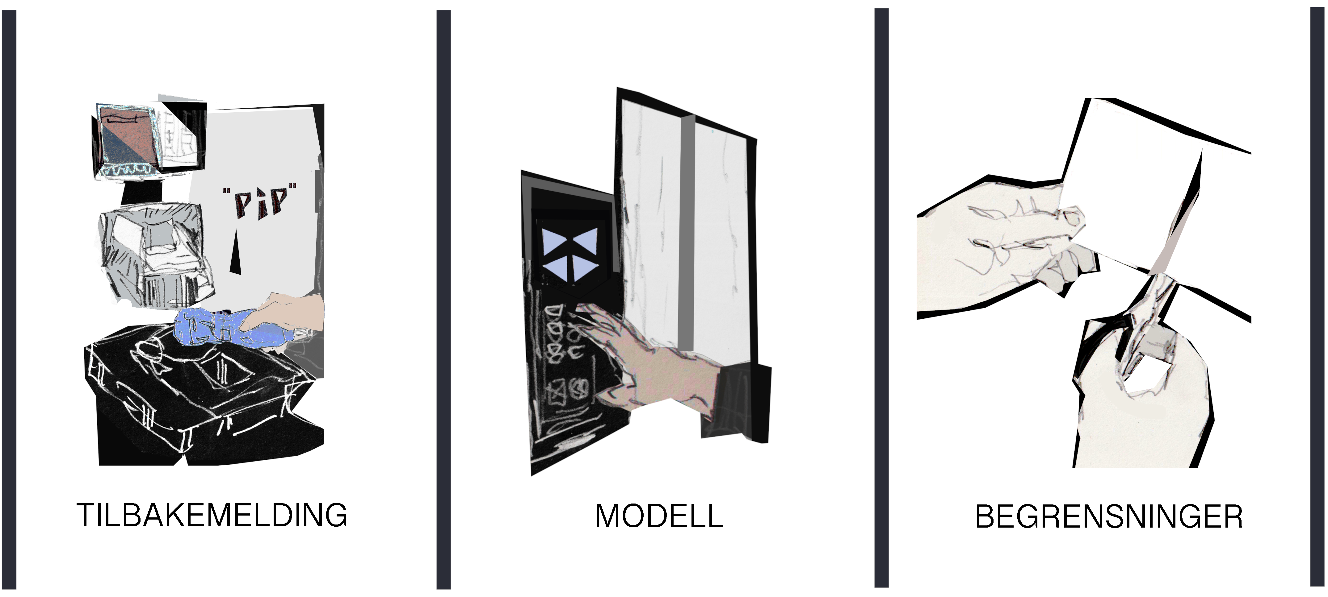 Ei hand som registrerer ei vare i ei kasse, det står "pip" over vara. Illustrasjon.