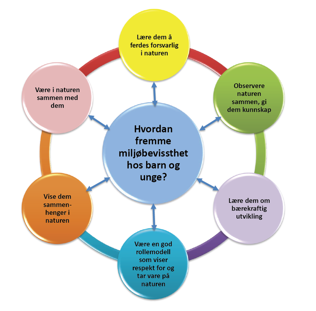 En modell med seks punkter om hvordan du kan fremme miljøbevissthet hos barn og unge. Illustrasjon.