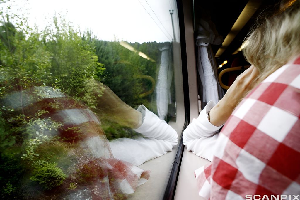 Kvinne som ser ut av vinduet fra togsetet sitt. Foto.