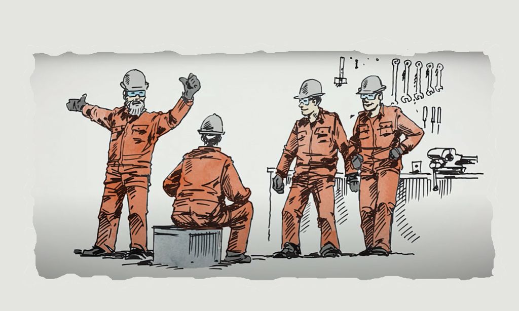 Fire kolleger i arbeidstøy diskuterer arbeidet. Illustrasjon.