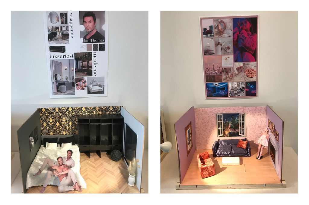 Moodboard til, og modellar av, to interiørforslag, eitt for ein mann, eitt for ei kvinne. Fotokollasj.