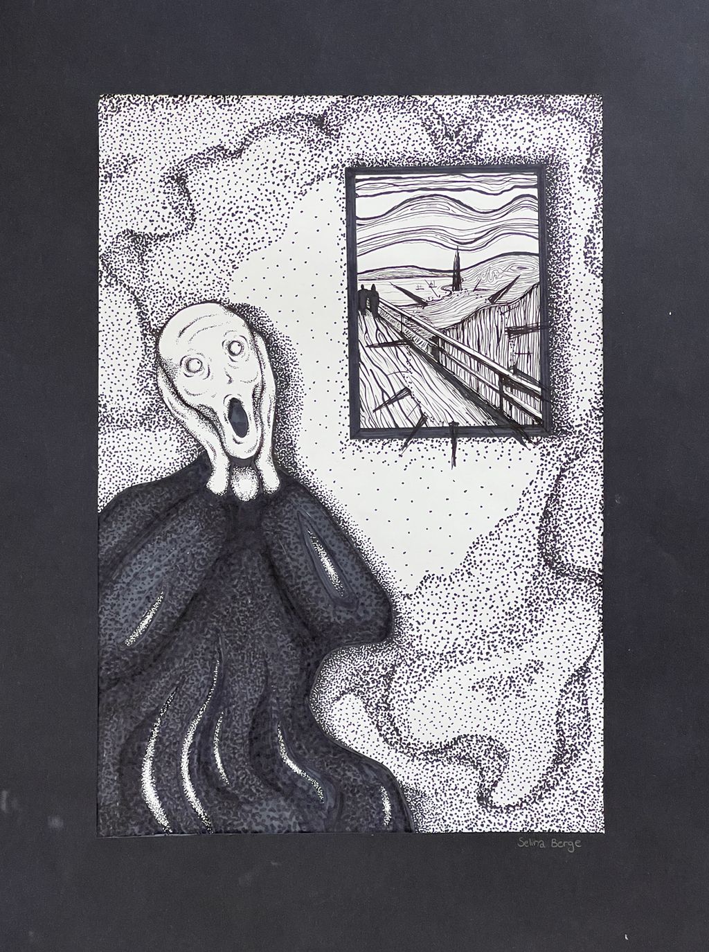 Figuren fra skrik-maleriet har gått ut av bilderamma si. Illustrasjon.