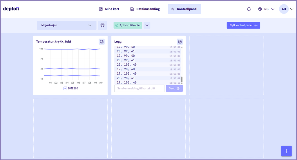 Skjermbilde av et kontrollpanel i Deploii som viser sanntidsdata fra en BME280-sensor. Måleverdier for temperatur, lufttrykk og luftfuktighet vises både som graf og som tallverdier i en logg.