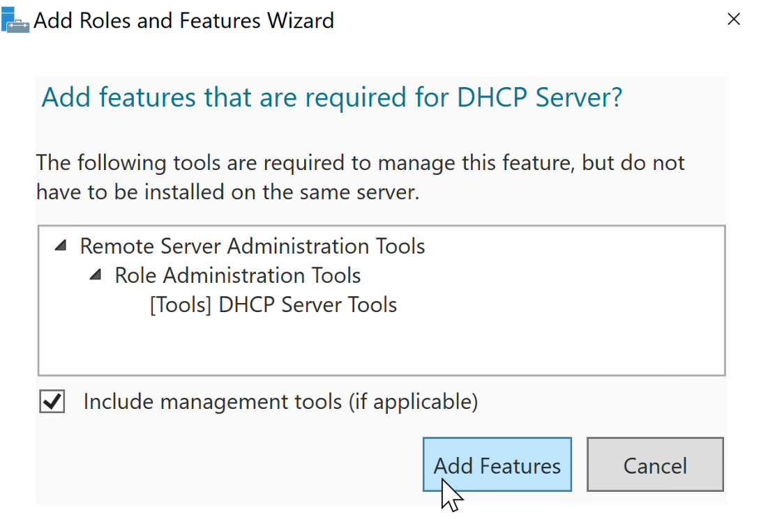 Utklipp fra sprettoppvindu med tittelen «Add features that are required for DHCP Server?». Det viser at verktøyet «DHCP Server Tools» vil bli installert. Musepekeren er over «Add Features»-knappen nederst i vinduet. Skjermbilde.