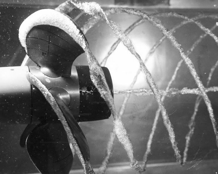 Båtpropell i vann. Kavitasjon ved rotasjon har ført til luftbobler. Foto.