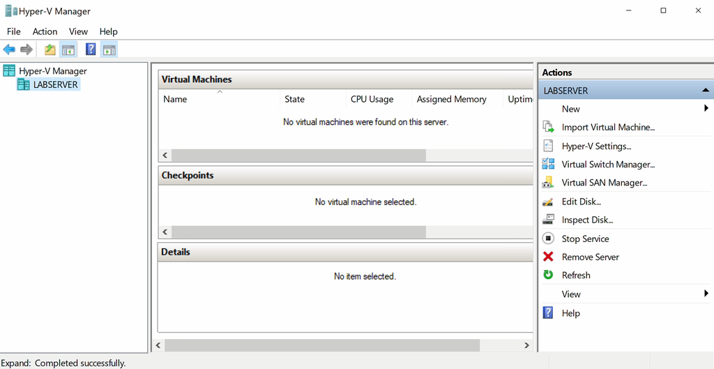 Skjermvindu fra Hyper-V Manager. Tre kolonner vises. Til venstre er det en oversikt over Hyper-V-maskiner. Lista har bare én oppføring: Labserver. I midtkolonnen ser vi virtuelle maskiner og detaljer. Disse er tomme. I høyre kolonne er det ei liste over mulige handlinger, som å opprette en virtuell maskin, starte, stoppe og så videre. Skjermbilde.