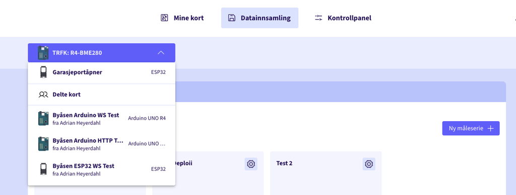 Skjermbilde fra en nettside der brukeren velger kort for datainnsamling. Skjermutklipp.
