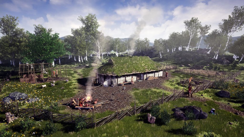 Historisk illustrasjon som viser gård fra bronsealderen. Det er mennesker og dyr rundt omkring på gården. Det er et bål og gjerde rundt hele gården. Den er omringet av bjørketrær. Illustrasjon. 