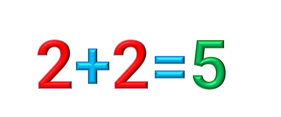 Illustration: 2+2=5. The twos are red, the plus sign and the equal sign are blue, the five is green.