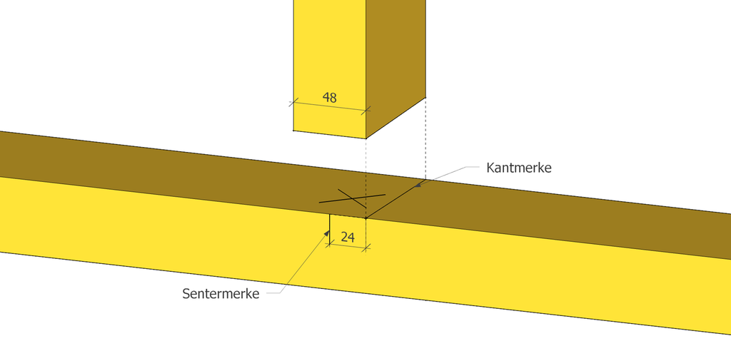 Stender og svill med merker og mål for plassering. Tegning.